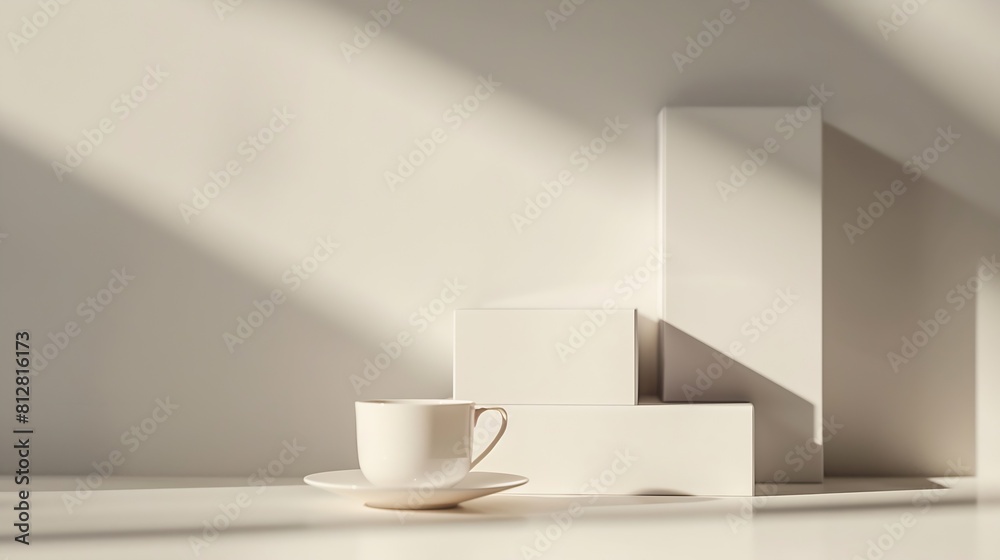 Balancing composition with boxes and a white tea cup against white background : Generative AI Balancing composition with boxes and a white tea cup against white background : Generative AI