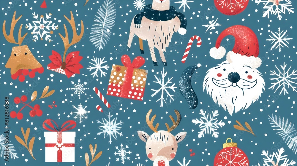 Festive Christmas Graphic with Santa Reindeer Gifts and Winter Elements Festive Christmas Graphic with Santa Reindeer Gifts and Winter Elements