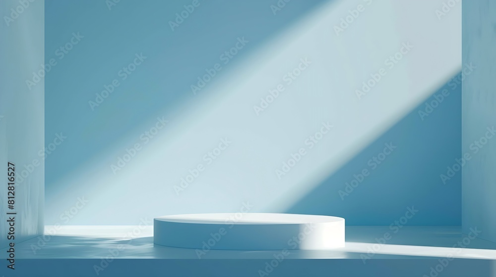Abstract empty white podium with geometric shadows on blue background Mock up stand for product presentation 3D Render Minimal concept Advertising template : Generative AI Abstract empty white podium with geometric shadows on blue background Mock up stand for product presentation 3D Render Minimal concept Advertising template : Generative AI