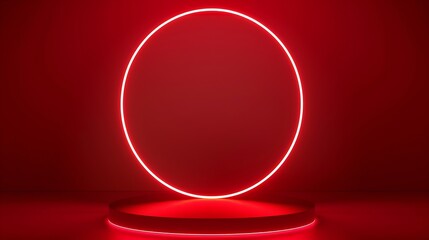 Red circle neon background with cylinder platform suitable for product placement : Generative AI
