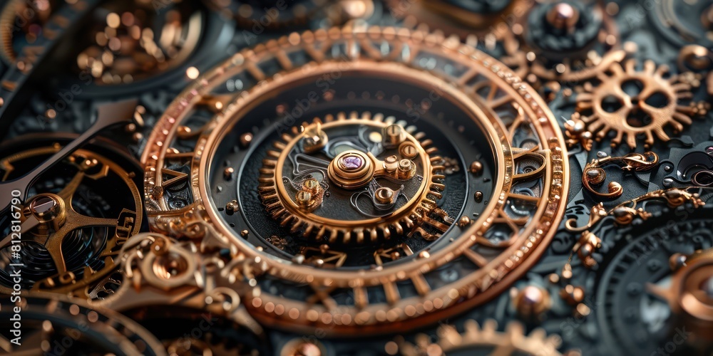 The image is a close-up of a steampunk clockwork mechanism.