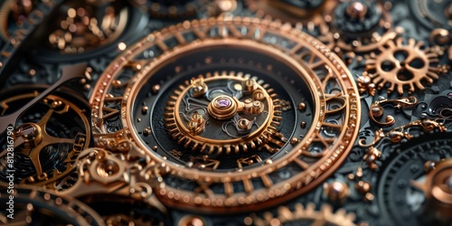 The image is a close-up of a steampunk clockwork mechanism.