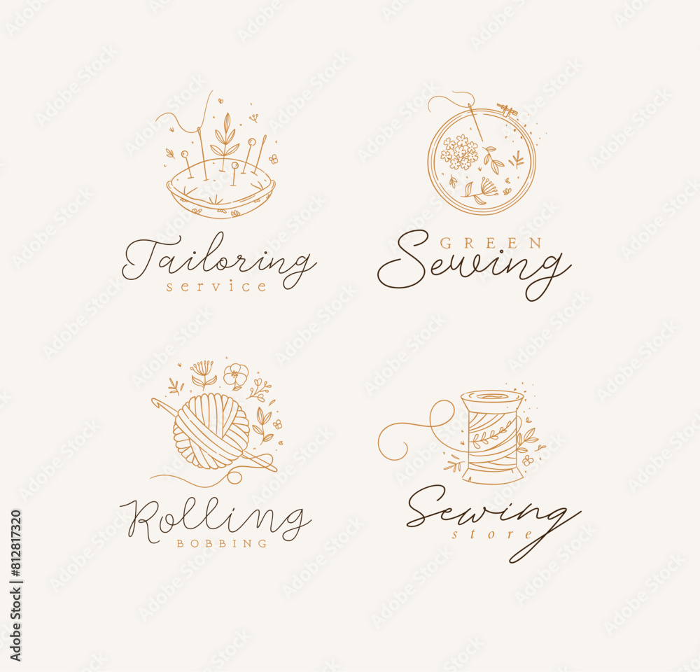 Sewing labels pillow with needles, embroidery circle, ball and skein of thread with lettering drawing in floral style on beige background