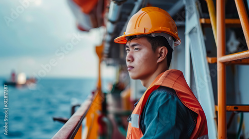 seafarer with helmet  at work on ship look at sea. photo