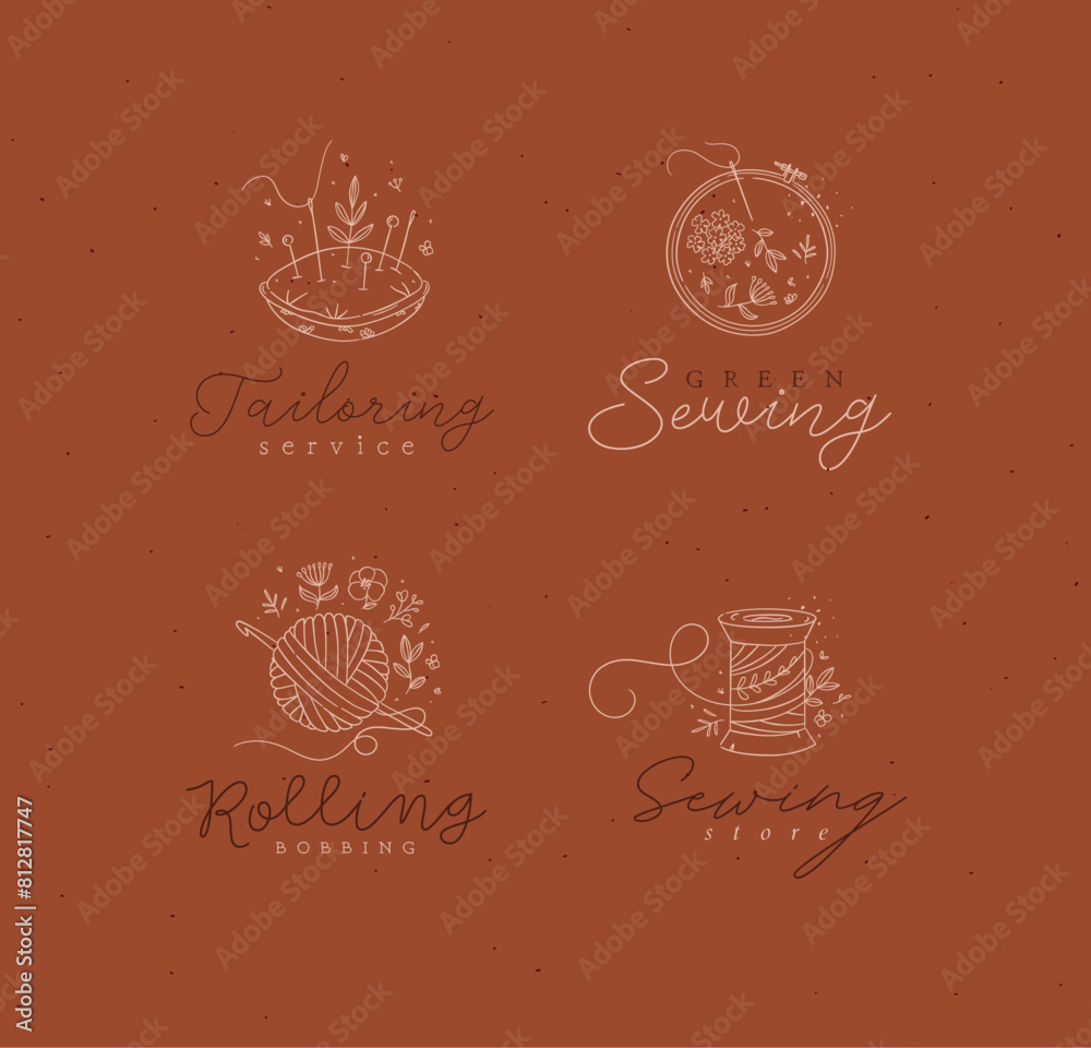 Sewing labels pillow with needles, embroidery circle, ball and skein of thread with lettering drawing in floral style on mustard background