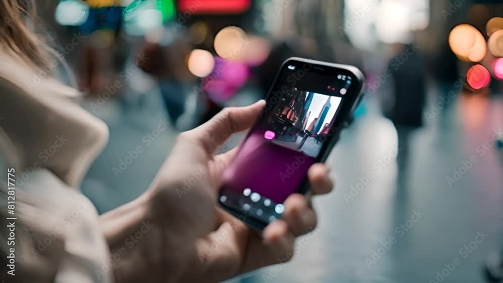Woman Holding Phone in Front of Crowd Generative AI Woman Holding Phone in Front of Crowd Generative AI