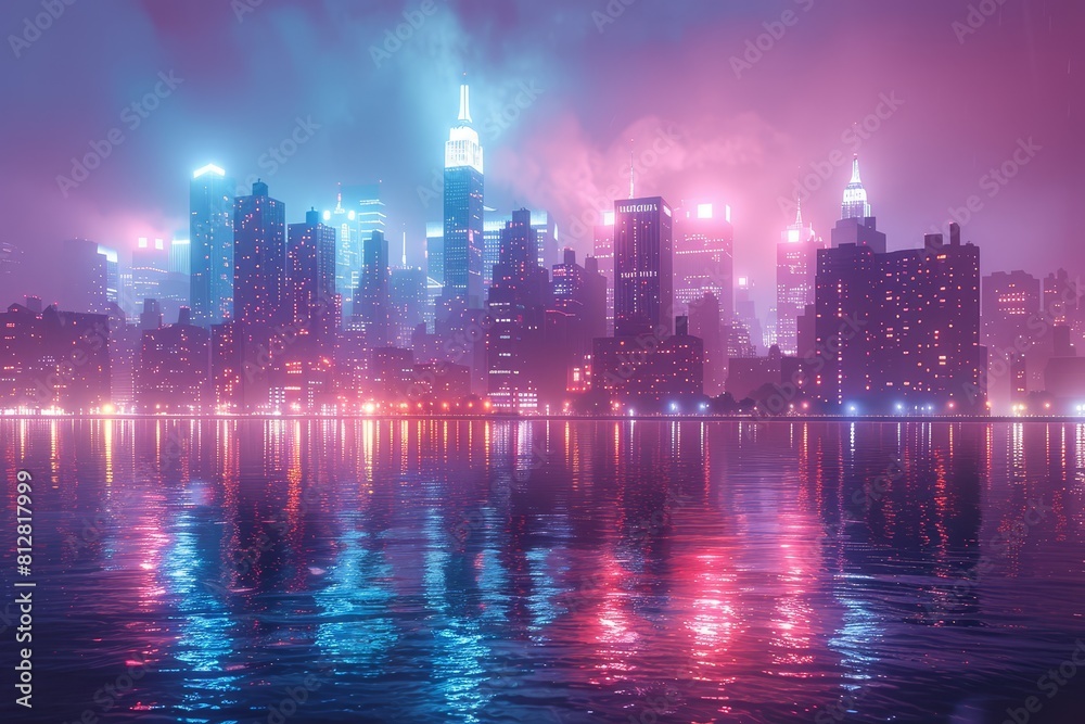 A neon-lit city skyline at night, with towering skyscrapers and vibrant lights reflecting off the water. 
