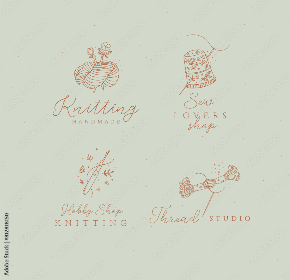 Sewing elements skein of thread, thimble, yarn, wool, crochet with lettering drawing in floral style on turquoise background