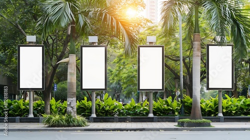 Hanging posters by the road in the city blank vertical advertising banners on street lampposts against lush green trees and plants For OOH out of home template mock up : Generative AI photo