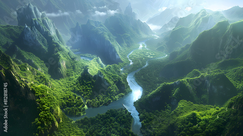 Serene Beauty: A River Winding Through a Verdant Valley Under the Radiant Sun