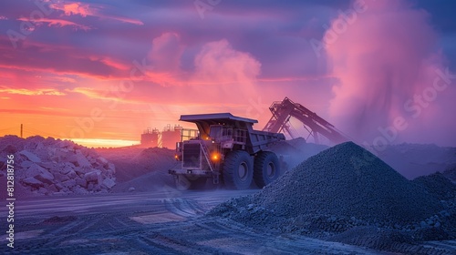 Heavy machinery at work in a gravel pit during twilight.