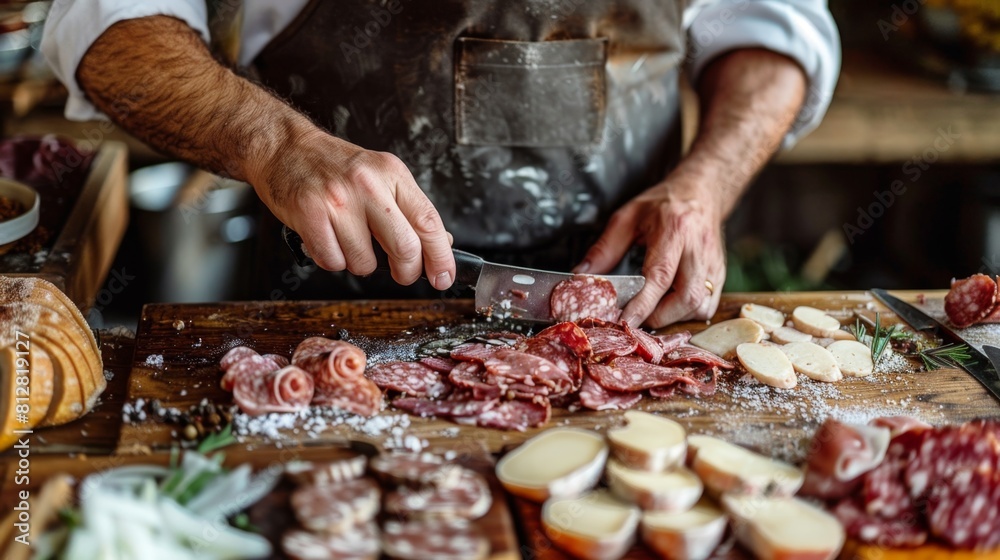 A chef is preparing charcuterie on an old wooden tabl