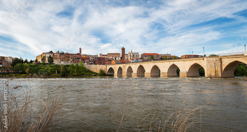 Panorama view of the medieval bridge and city of Tordesillas in Valladolid by the Douro River.