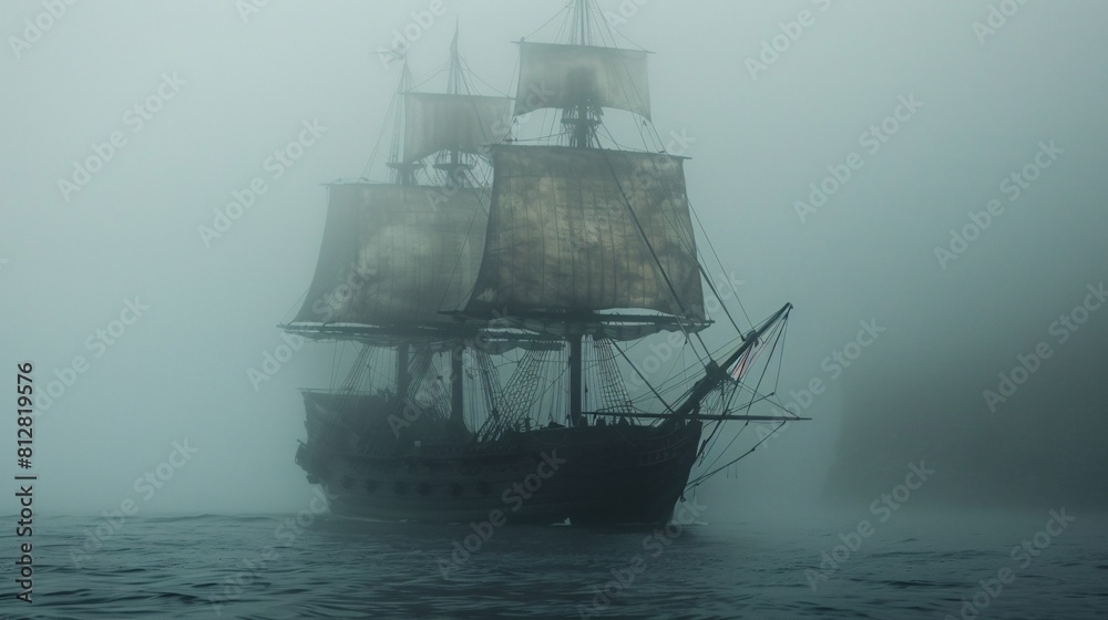 Fototapeta premium Epic Maritime Voyage: The Golden Age of Sailing Ships in a Foggy Sea