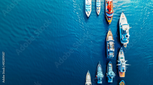 Aerial view of group ofvarious types of ships, including naval in row in calm blue sea water in sunlight with copy space. photo