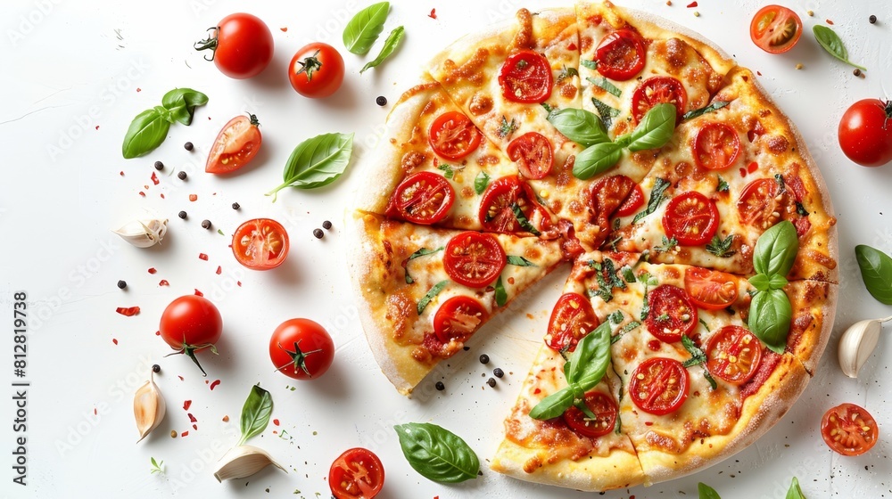 pizza with tomatoes and basil on a white background