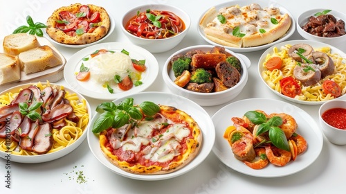 Italian dishes on white plates, including pizza and pasta with meat or vegetables