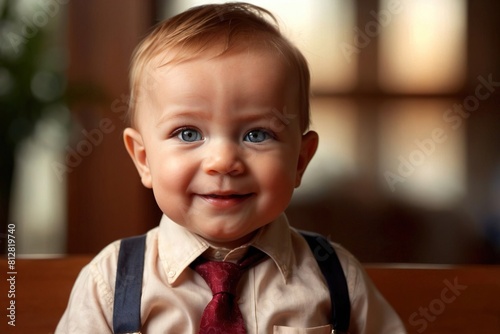 Smiling confident boss baby, young boy child dressed as a business man corporate professional