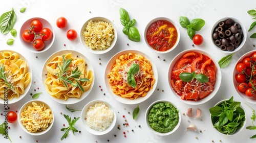 Flat lay of various pasta dishes with tomato sauce and fresh herbs on a white background