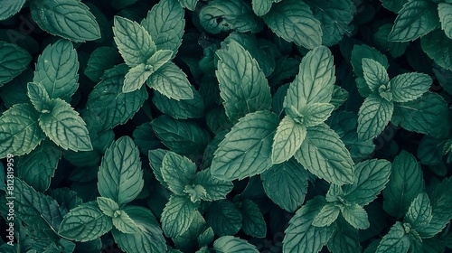 Mint leaves background Green Peppermint leaves Pattern layout design Top view Spermint plant growing : Generative AI