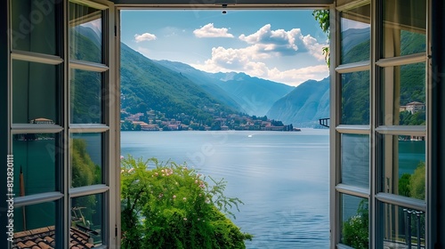 Window view to Lake Como in Italy : Generative AI photo