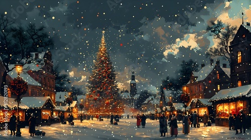 Bustling Outdoor Winter Market with Magnificent Christmas Tree Centerpiece Capturing the Festive Atmosphere and Energy of a Bruegel Painting