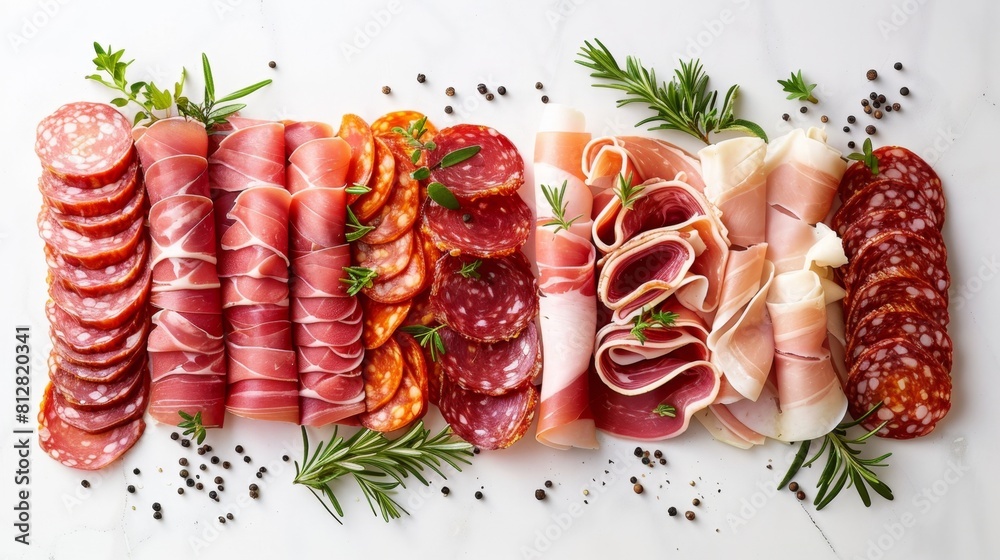 Sliced meats of various hams, salamis and pepperonis arranged on a white background Sliced meats of various hams, salamis and pepperonis arranged on a white background