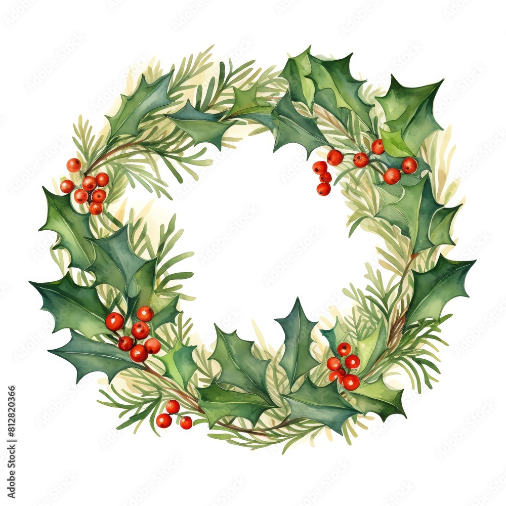holiday wreath, holly berries and evergreens, water color style. holiday wreath, holly berries and evergreens, water color style.