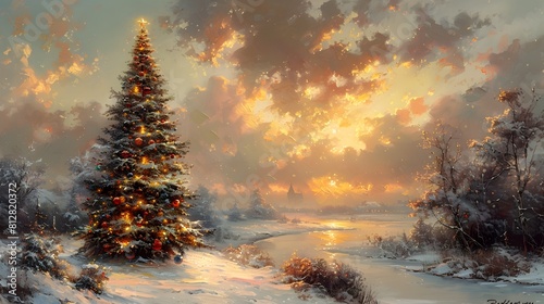 Enchanting Festive Winter Landscape with Glowing Christmas Tree in Snowy Forest Wonderland © prasong.