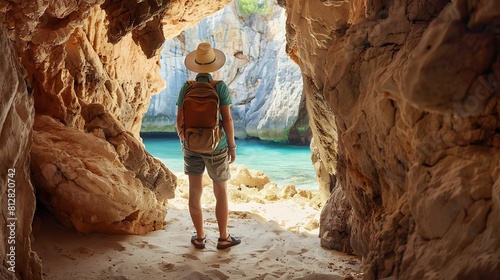 Tourist in the hat and with a backpack standing in the sandy cave near the picturesque sea beach Cala des Moro Mallorca : Generative AI photo
