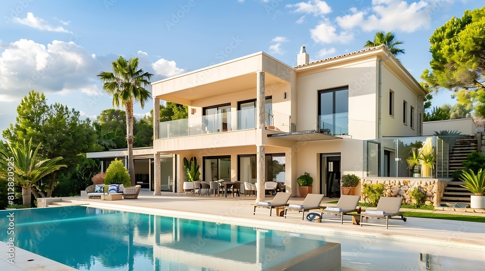 Beautiful villa for relaxing summer vacation modern villa in bay on summer vacation dreamy destination for summer vacation in villa Luxury villa perfect for summer vacation : Generative AI