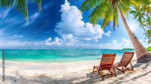 Beautiful tropical beach banner White sand coco palm trees couple chairs travel tourism wide panorama concept Amazing beach landscape Luxury island resort vacation holiday Sunny paradi : Generative AI