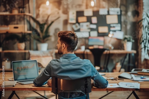 A man taking a break from work to do some back stretches with his laptop and paperwork spread out on the desk in front of him