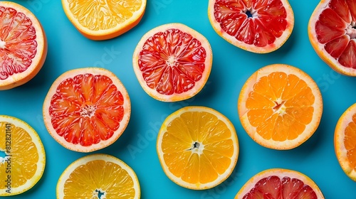 Colorful fruit pattern of fresh orange and grapefruit slices on blue background From top view   Generative AI