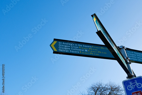 Glasgow Scotland: 12th Feb 2024: Glasgow Green direction sign posts. George Square, Catherdal, Glasgow Cross St Andrews photo