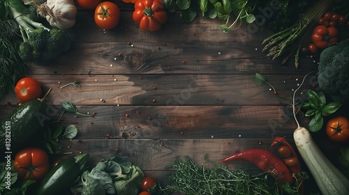 Healthy clean eating plant based layout vegetarian food and diet nutrition concept Various fresh vegetables ingredients for cooking on dark wooden table : Generative AI photo