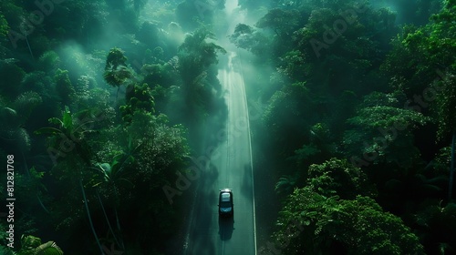Adventure morning road trip in the forest aerial view of a car on deep jungle road On The Road Again concept : Generative AI