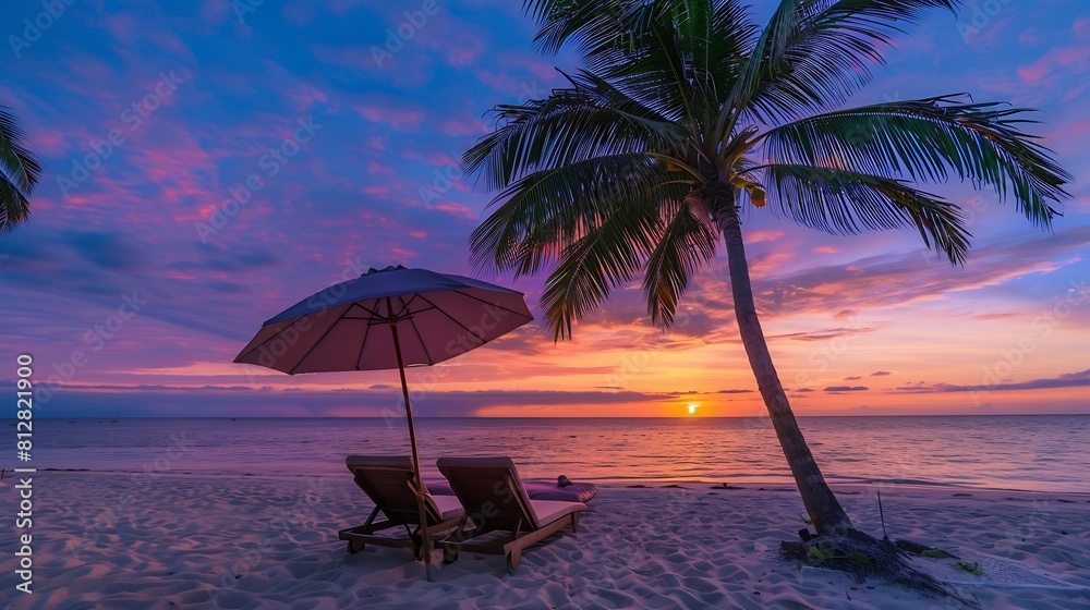Beautiful tropical sunset scenery two sun beds loungers umbrella under palm tree White sand sea view with horizon colorful twilight sky calmness and relaxation Inspirational beach reso : Generative AI