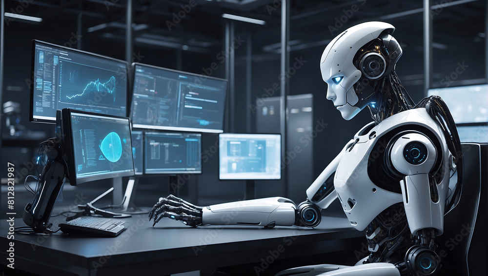 A strong artificial intelligence robot sitting at a desk with a computer monitor in data center background A strong artificial intelligence robot sitting at a desk with a computer monitor in data center background