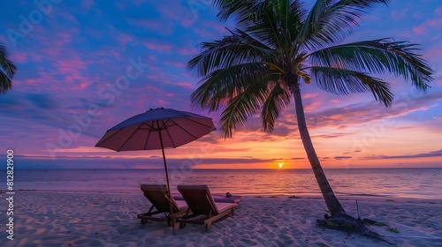 Beautiful tropical sunset scenery two sun beds loungers umbrella under palm tree White sand sea view with horizon colorful twilight sky calmness and relaxation Inspirational beach reso : Generative AI © Generative AI