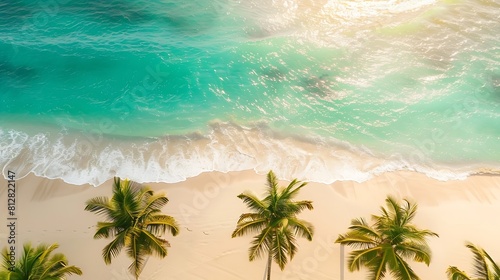 Beach palm trees on the sunny sandy beach and turquoise ocean from above Amazing summer nature landscape Stunning sunny beach scenery relaxing peaceful and inspirational beach vacation   Generative AI