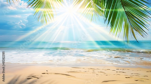 Summer background with frame nature of tropical golden beach with rays of sun light and leaf palm Golden sand beach closeup sea  blue sky white clouds Copy space summer vacation concep   Generative AI