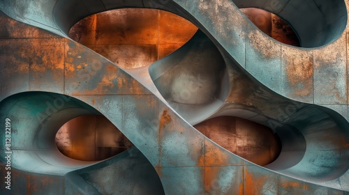 Architectural abstract of a brutal yet elegant blue and rusty metal sculpture photo
