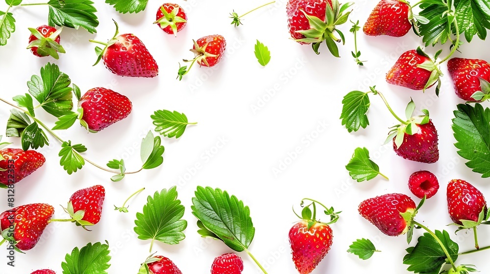 Fresh strawberry fruits and leaves composition and creative border on white background Healthy eating and food concept Spring fruit and berry arrangement Top view flat lay copy space : Generative AI Fresh strawberry fruits and leaves composition and creative border on white background Healthy eating and food concept Spring fruit and berry arrangement Top view flat lay copy space : Generative AI
