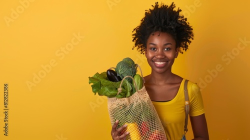Woman Smiling with Fresh Groceries photo