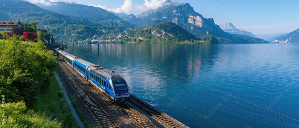 Fototapeta premium Scenic Lakeside Railway, Blue Passenger Train Along Calm Alpine Waters