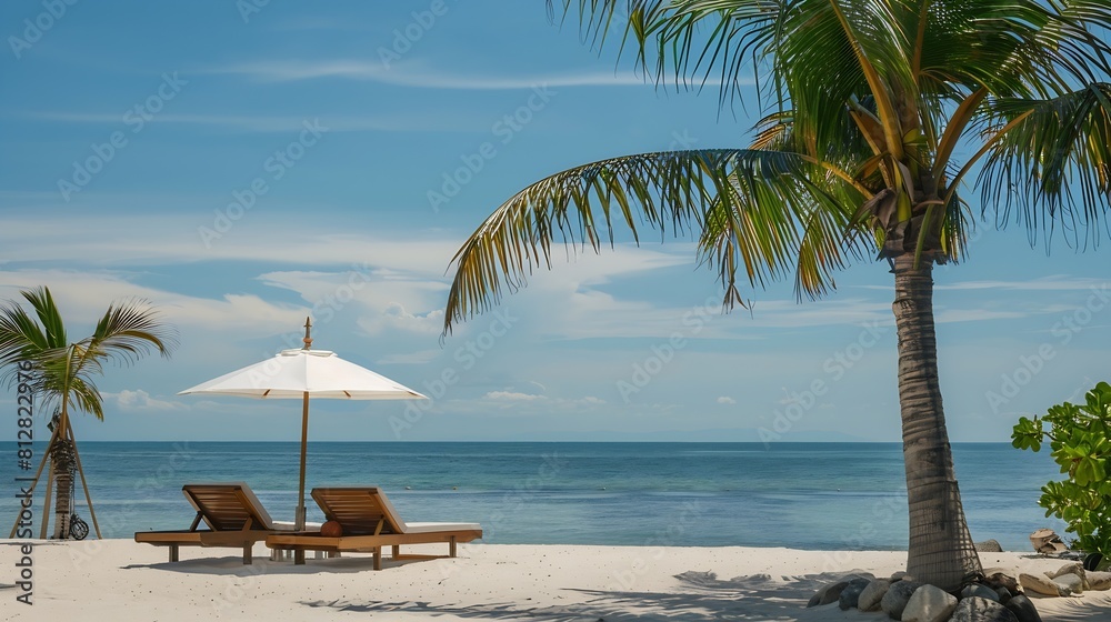 Obraz premium Beautiful tropical island scenery two sun beds loungers umbrella under palm tree White sand sea view with horizon idyllic blue sky calmness and relaxation Inspirational beach resort ho : Generative AI