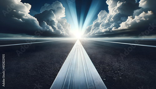 concept of "start". It features a pristine white starting line on a gray asphalt road, with a clear blue sky and fluffy clouds in the background