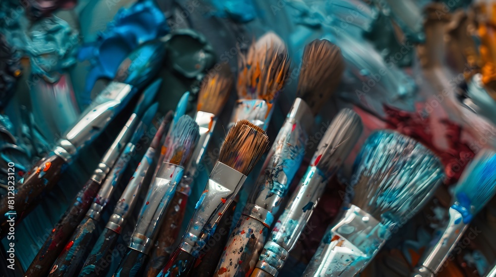 Fototapeta premium A collection of various painting brushes, including large and small bristles, arranged in an artist's palette.