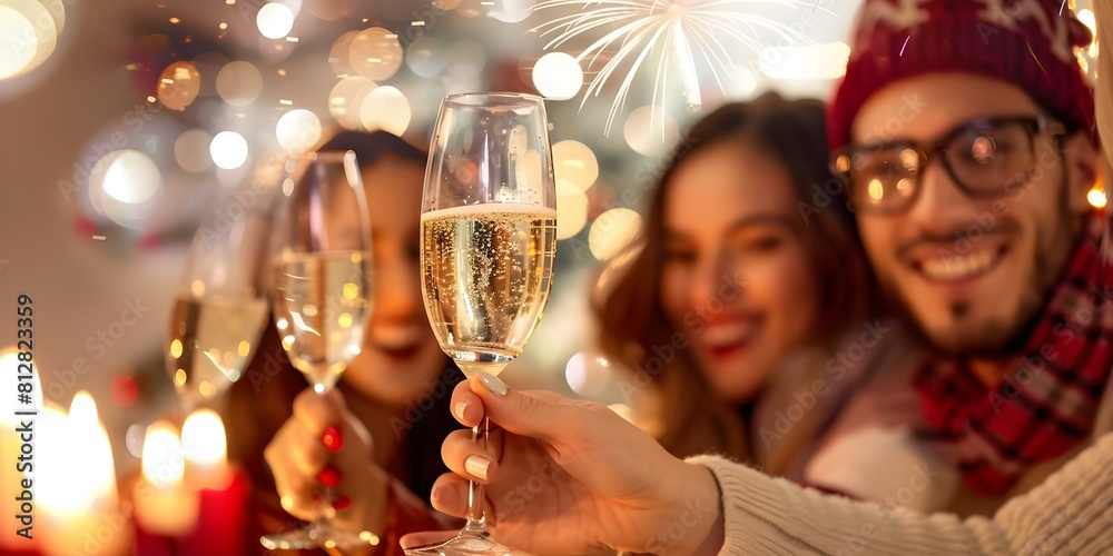 Friends celebrating New Year with champagne toasts and fireworks. Concept Celebration, Friends, New Year, Champagne, Fireworks Friends celebrating New Year with champagne toasts and fireworks. Concept Celebration, Friends, New Year, Champagne, Fireworks